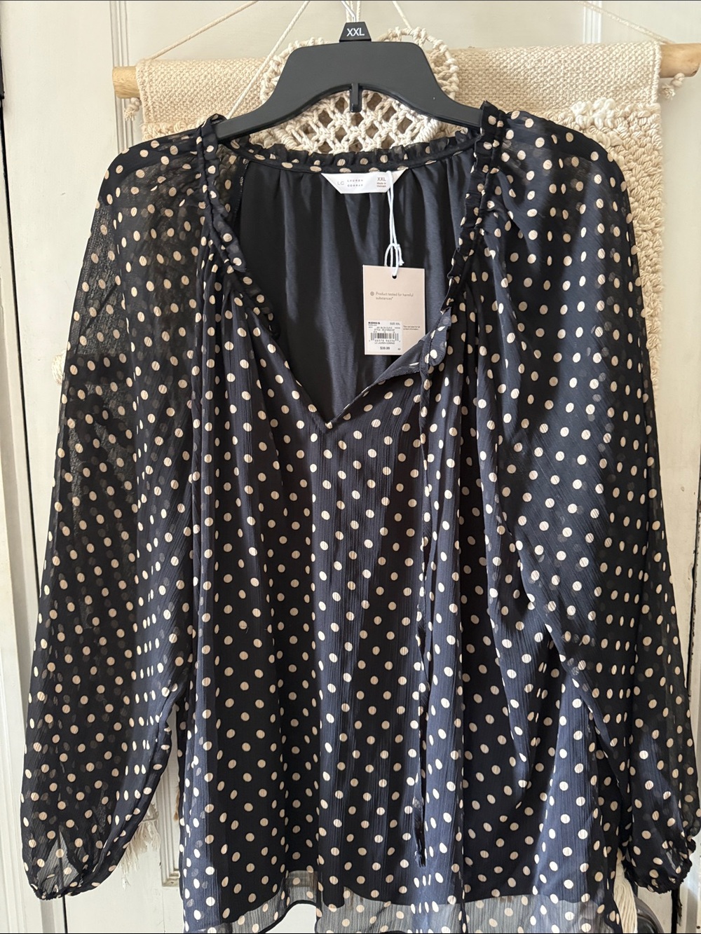 LC Lauren Conrad XXL Black Sheer Polka Dot Blouse - Beige Dots